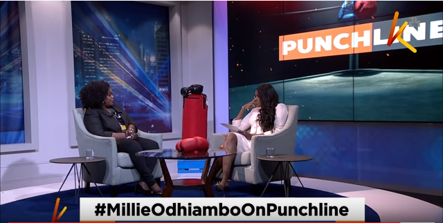 Millie Odhiambo and K24 presenter Anne Kiguta on the Punchline show. Millie spoke on plans to steal Kibra votes by IEBC.