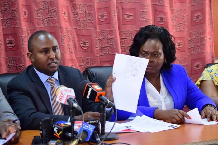 Suna East MP Junet Mohammed and other ODM legislators when they announced their plans to march to the IEBC offices. They announced that they plan to storm the offices to be furnished with the list of voters set to participate in the Kibra by-elections on November 7.