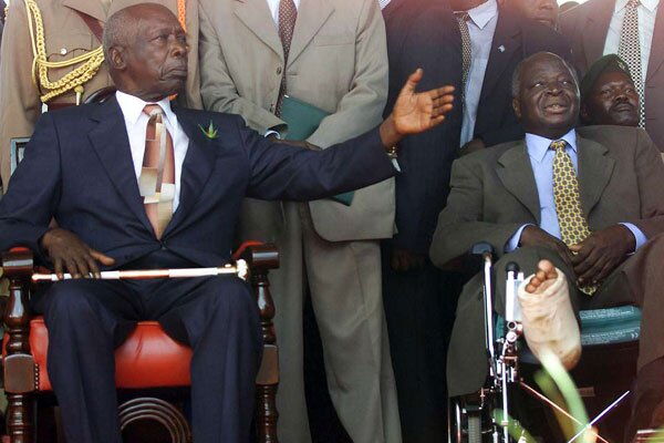  Former Presidents Daniel Moi (left) and Kibaki during the handing over of power at Uhuru Park in Nairobi, on December 31, 2002.