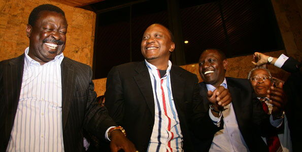 Then Deputy Prime Ministers Musalia Mudavadi, Uhuru Kenyatta and then Eldoret North MP William Ruto after presenting their pre-election coalition agreement to the Registrar of Political Parties on December 4, 2012.