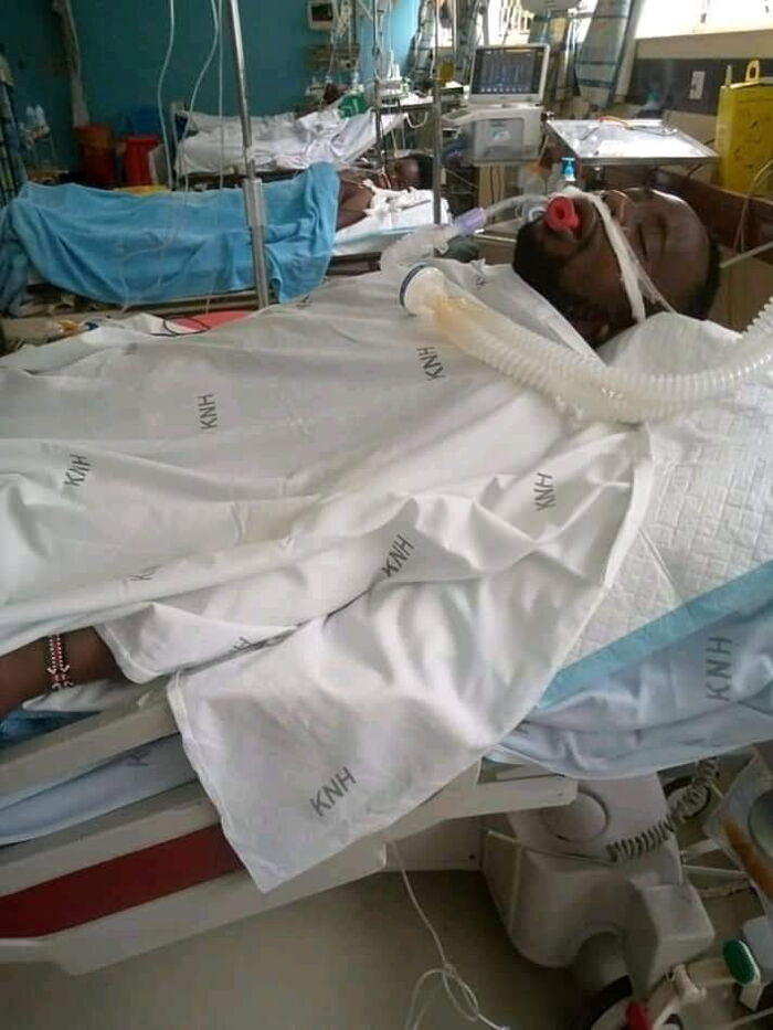 Richard Muema in his hospital bed in Kasarani after he was admitted with gunshot related wounds in November 2019.