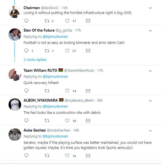 More reactions to Kipchumba Murkomen's post on Twitter on Monday, September 16. He was blasted for Jubilee's failure to ensure Kenyan stadiums were up to par