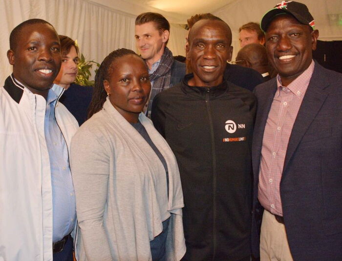 Nandi Governor Stephen Sang, Grace Sugutt, Eliud Kipchoge and Deputy President William Ruto at the ineos challenge after-party October 12, 2019