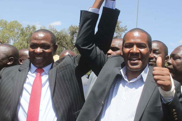 Laikipia governor Ndiritu Muriithi(Left) and his deputy John Mwaniki celebrate after clinching the gubernatorial position in August 2017