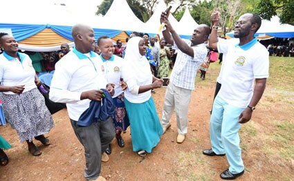 Kisumu Governor dancing with ECD teachers earlier in the year. The teachers were given a pay rise.
