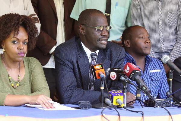 ODM Executive Director, National Secretariat Oduor Ong’wen (centre) flanked by from left to right ODM membership Director Rosemary Kariuki, and ODM administrative Officer Robert Bett during a press conference on June 10, 2015, at Orange House.
