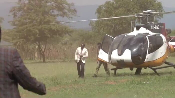 DP Ruto alighting from his 5Y-DSC Airbus Helicopter in Mogotio, Nakuru County on July 19, 2019.
