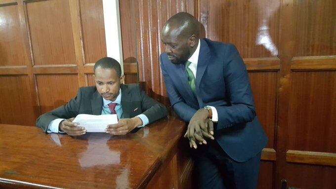 Embakasi East MP Babu Owino pictured with his lawyer Cliff Ombeta at the Milimani Law Courts on Monday, January 27
