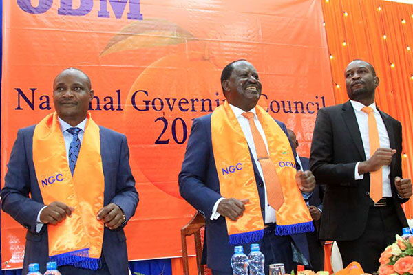 ODM party officials from left John Mbadi, Raila Odinga (leader) and Secretary-General Edwin Sifuna lead delegates during the National Governing Council meeting in Nairobi on March 1, 2019.