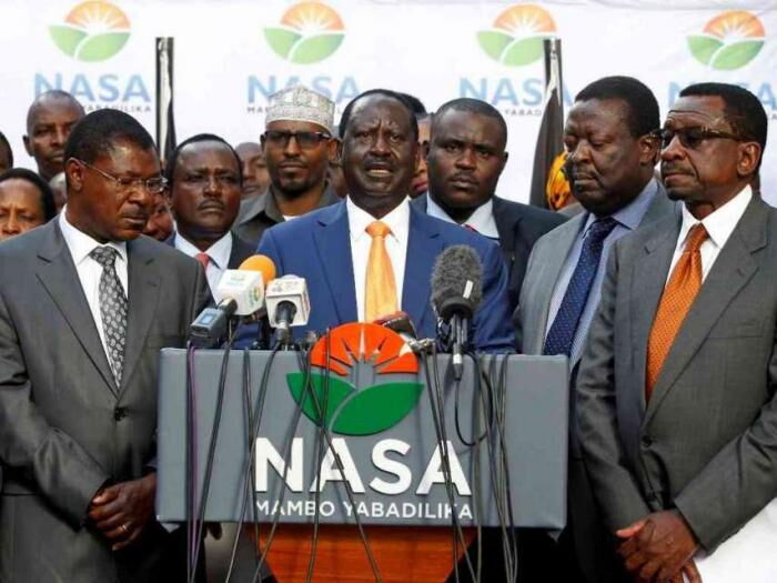 NASA leader Raila Odinga and NASA co-principals in a past media address. NASA affiliate parties will wait for ODM's decision on Ksh 4.1 billion sharing after Registrar of Political Parties allocated them the money