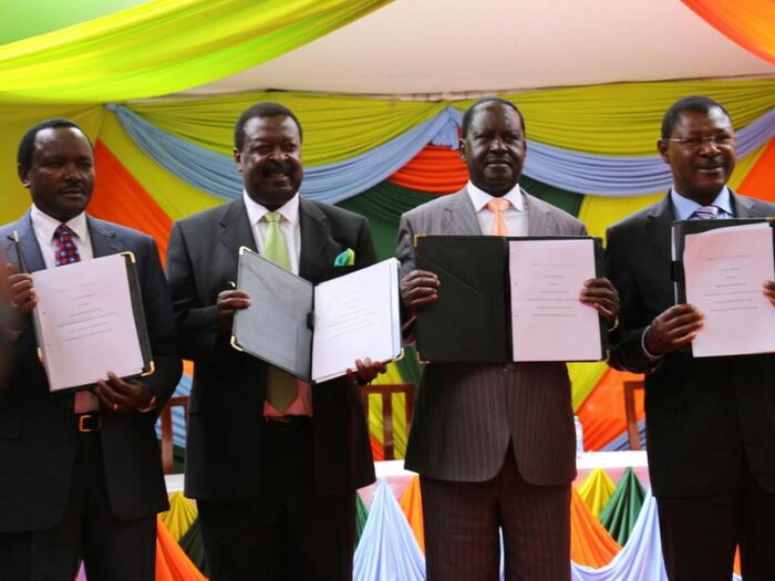 Opposition leaders Kalonzo Musyoka, Musalia Mudavadi, Raila Odinga and Moses Wetang'ula (Ford Kenya) after the signing of Nasa's agreement at Okoa Kenya offices in Nairobi, February 22, 2017