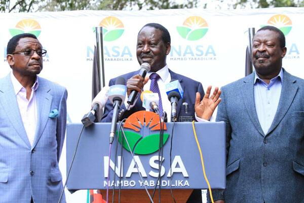 Raila Odinga, Musalia Mudavadi and James Orenga at a press conference in 2018. Mudavadi revealed how Kenyatta and Ruto duped him in 2012, in his autobiography