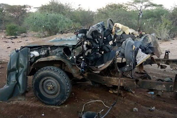 Remains of a police vehicle that ran over an Improvised Explosive Device on the Degoh Road in Garissa County on October 12, 2019