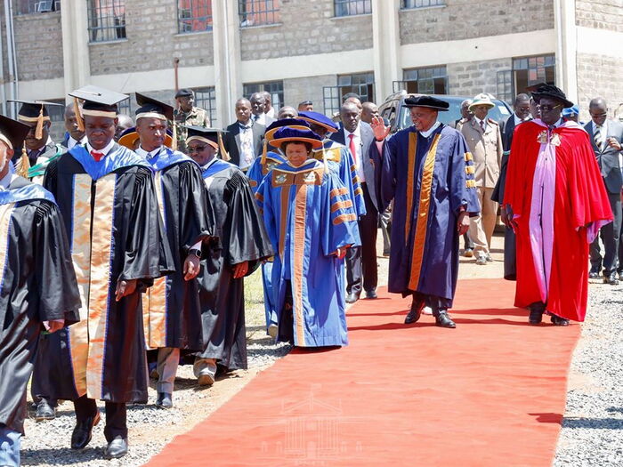 President Uhuru Kenyatta and Education CS Prof George Magoha at Kibabii University November 22 
