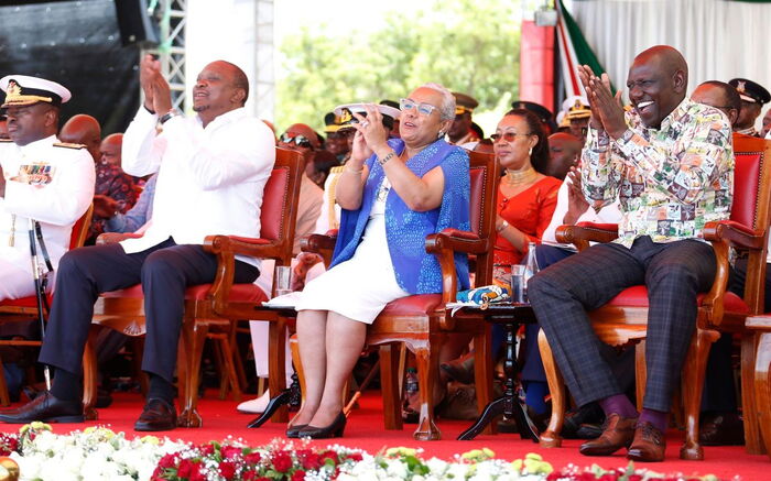 President Uhuru Kenyatta (l), First Lady Margaret Kenyatta (c) and Deputy President William Ruto pictured during the Mashujaa day celebrations, October 20, 2019