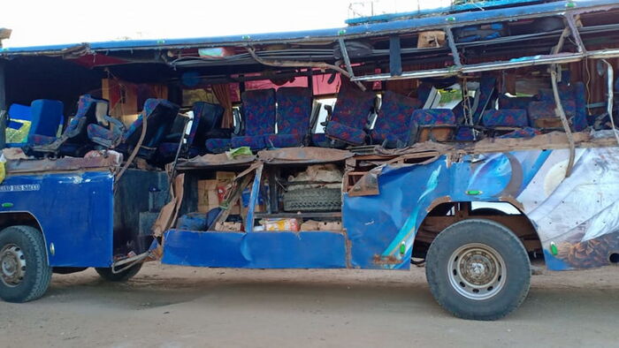 Remains of a mangled bus. All passengers oboard the Nairobi bound bust escaped unhurt after the November 6 scare.