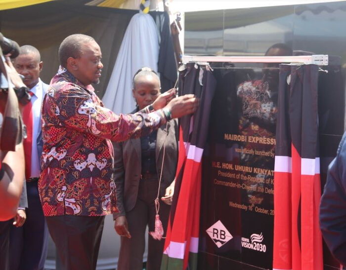 President Uhuru Kenyatta on Thursday, October 17 when he commissioned the construction of the JKIA-James Gichuru road expressway.