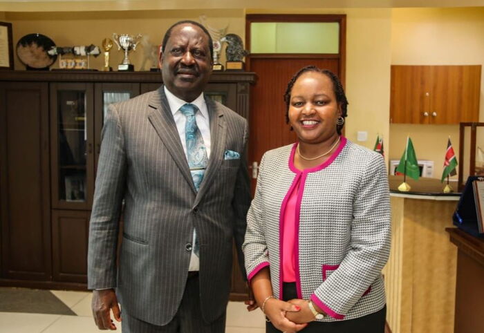 A past photo of ODM party leader Raila Odinga and Kirinyaga governor Anne Waiguru