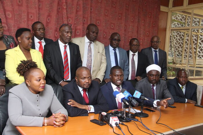 Rift Valley and Mt Kenya MPs led by Moses Kuria and Ndindi Nyoro address a press conference at Parliament buildings on Wednesday, October 2, 2019