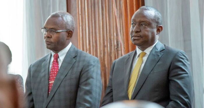 Former treasury CS and PS Henry Rotich (r) and Kimani Thuge (l) in court on July 23, 2019