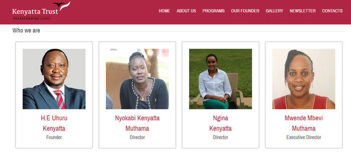 A screenshot of The Kenyatta Trust website. It show's the organisation's management team. 
