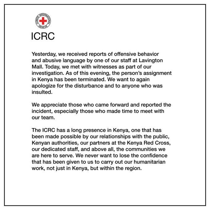 Screen grab of the statement issued by the ICRC following racist remarks by one of their staff members