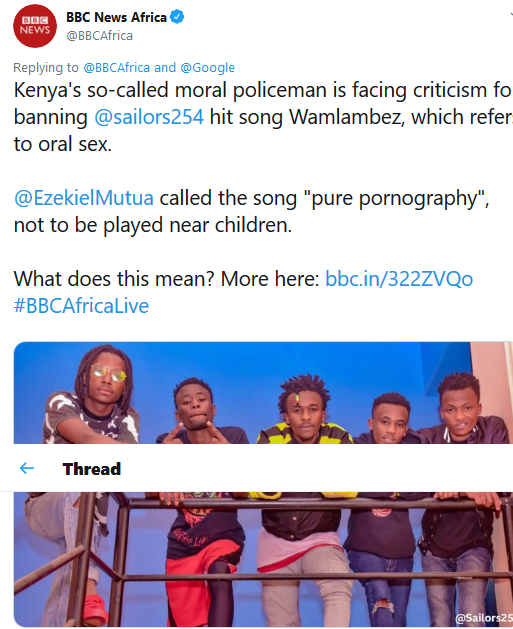 Screenshots from the BBC twitter page detailing Ezekiel Mutua's ban of the song Wamlambez.