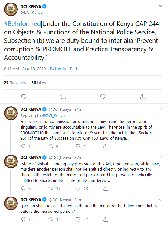 A Screenshot of the tweet by DCI Kenya elaborating what the law states about the inheritance of contested property in the case where the owner was murdered.
