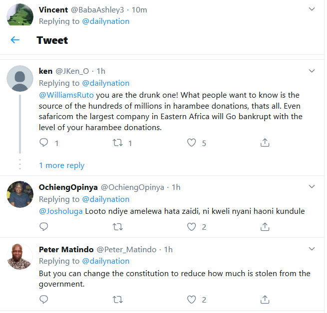 A screenshot of some of the reactions to DP Ruto's sentiments on Sunday, November 24.