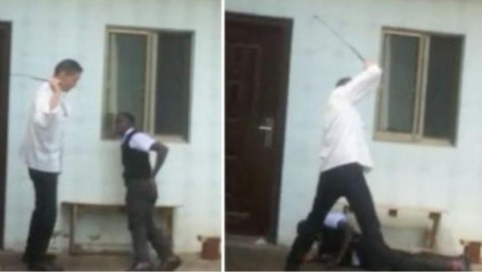 Chinese hotel officer caning a Kenyan waiter over allegations of reporting late to work at Chez Wou Restaurant in Kileleshwa, Nairobi.