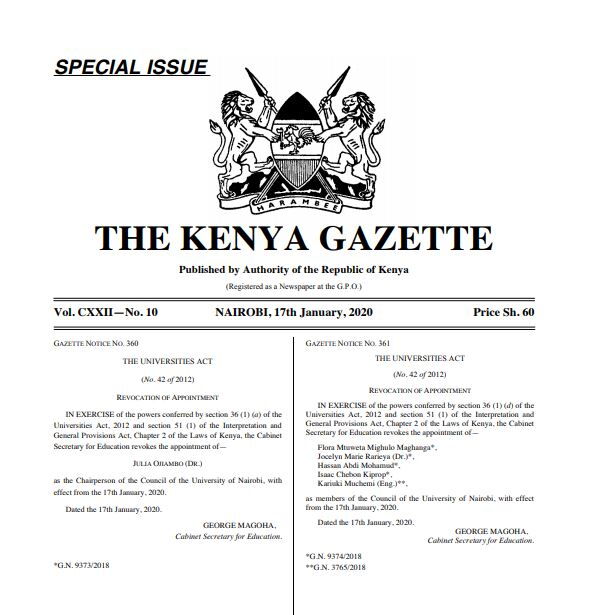 Special Issue Kenya Gazette ordering for the dissolution of the University of Nairobi Council on January 17, 2020.