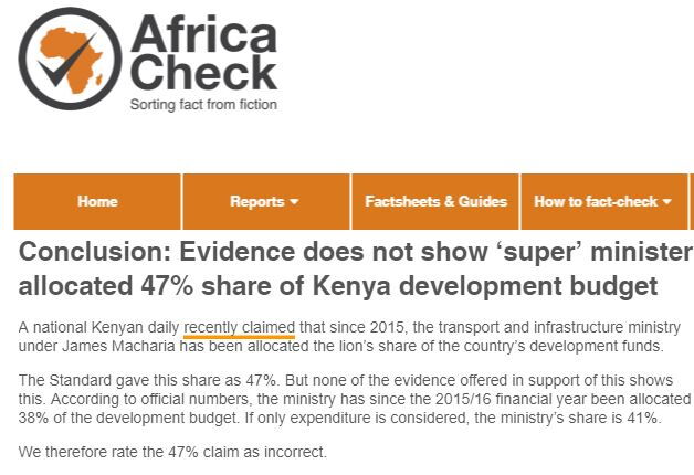 Africa Check published a fact check probe on Tuesday, November 12 which faulted the story run by the Standard newspaper. 