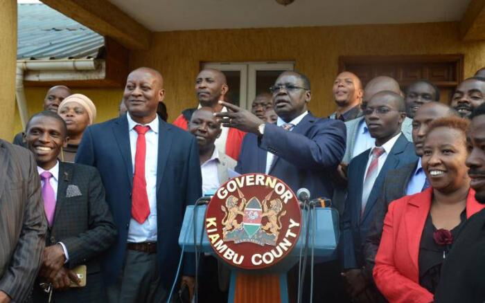 Kiambu acting Governor James Nyoro addresses the media at the county headquarters in August 2019. On Friday, November 22, he insisted on not working with Waititu