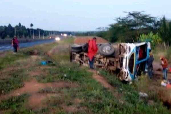 The bus which rolled, injuring 19 people, after it was hit by a speeding lorry at Migaa along the Nakuru-Eldoret highway on January 22, 2020.