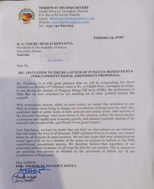 A letter signed by Thirdway Alliance leader Ekuru Aukot inviting President Uhuru Kenyatta to the relaunch of the Punguza Mizigo initiative.