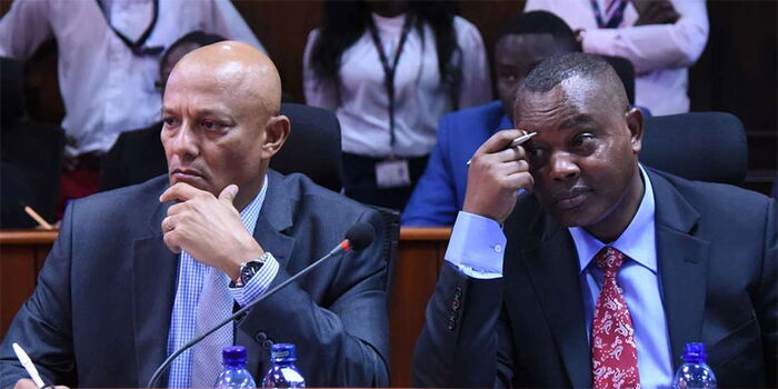 EACC chief executive officer Twalib Mbarak (left) before the Senate legal affairs committee on March 13, 2019