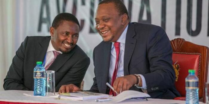 Agriculture CS Mwangi Kiunjuri shares a light moment with President Uhuru Kenyatta. Kiunjuri, on Sunday, November 3, 2019, claimed that Mt Kenya residents would only support BBI if its contents were fair to all Kenyans.