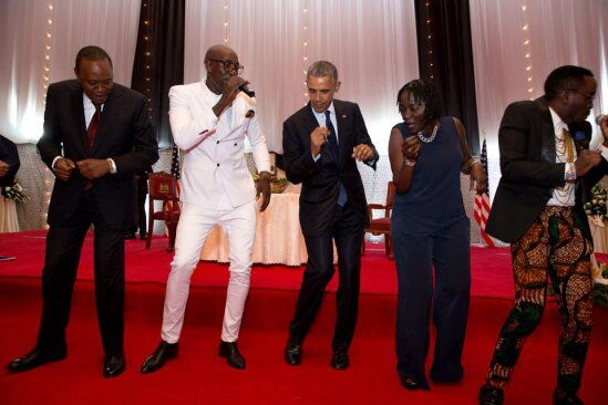 Presidents Uhuru Kenyatta and Barack Obama dancing at State House, Nairobi in 2015