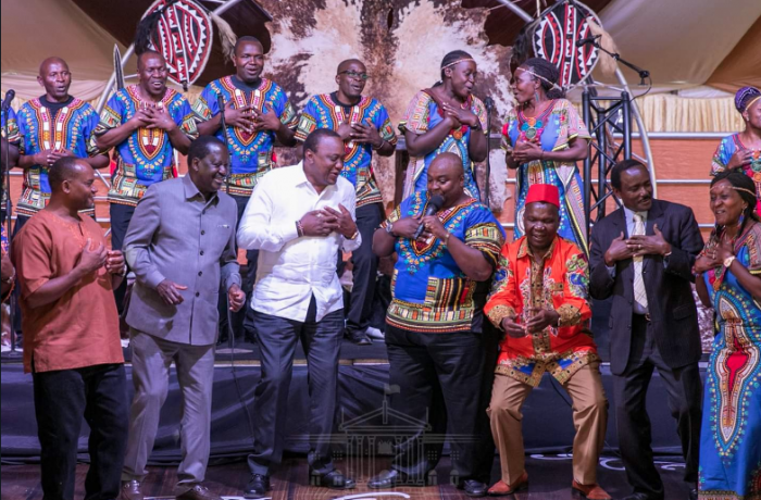 President Uhuru Kenyatta and ODM leader Raila Odinga dancing at Kirinyaga Governor Anne Waiguru's wedding on July 13, 2019