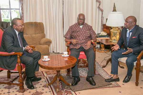 President Uhuru Kenyatta (left) chats with former president Daniel Moi (centre) and his son Gideon at Mr Moi's Kabarak home, Nakuru County, on July 28, 2018
