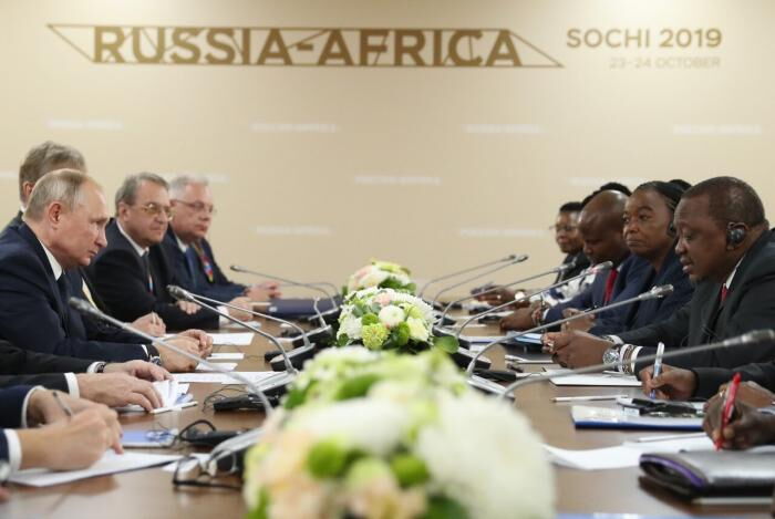 President Uhuru Kenyatta leading the Kenyan delegation with Russia's Vladimir Putin's team on the other side on the sidelines of the first Russia-Africa Summit on Thursday, October 24.