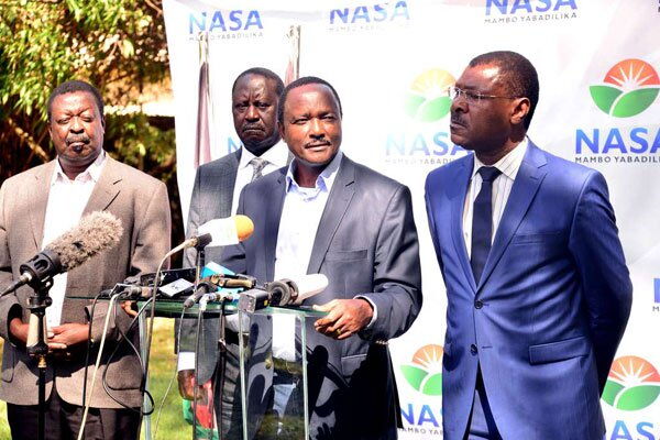 Nasa principals hold a press conference at Okoa Kenya, Nairobi, on February 1, 2018.  Registrar of Political Parties ruled that  NASA 's agreement did not contain any clause on sharing Ksh 4.1 billion 