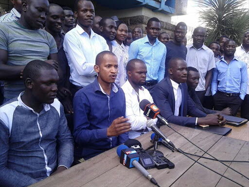 Babu Owino addresses the press at the University of Nairobi on Monday, October 31, 2017, while flanked by SONU officials