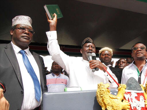 Raila Odinga swears himself in flanked by Miguna Miguna TJ Kajwang' and James Orengo