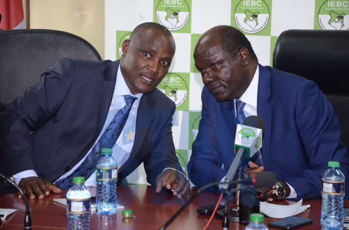 ODM chairman John Mbadi and IEBC chairman Wafula Chebukati on Wednesday, October 9. ODM requested for the list of all registered voters in Kibra.