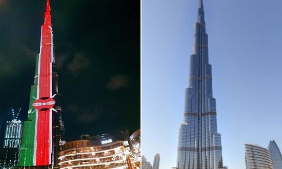 A collage of the Burj Khalifa in Dubai with and without the illumination of the Kenyan flag. 