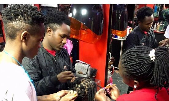 Dreadlocks stylists at work at the Nairobi Dreadlocks and beauty salon