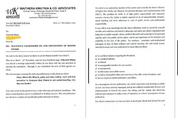 The letter served to Polycarp Hinga by Dennis Itumbi's lawyers on Thursday, November 21, 2019
