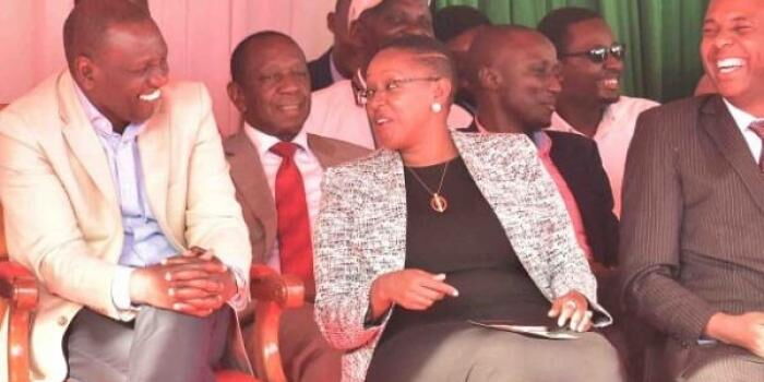 Deputy President William Ruto shares a light moment with Murang'a Woman Rep Sabina Chege and Murang'a Senator Irungu Kang'ata in Maragua on December 6, 2019