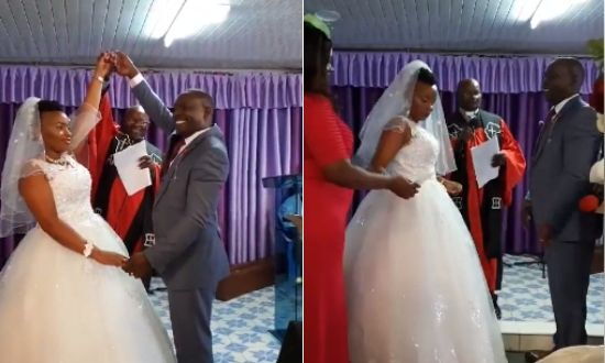 A collage photo of Kameme FM journalist David Mwangi and his lover Esther Mutua during their wedding ceremony at AIC Kinoo church